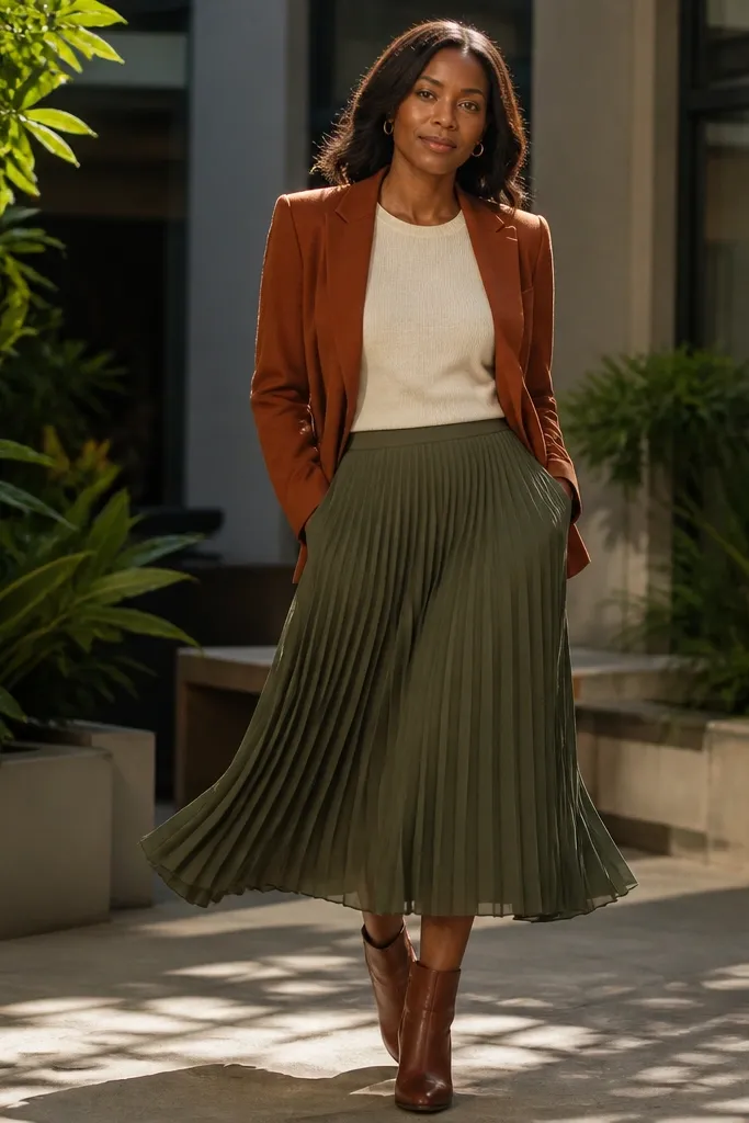 Rust blazer over white textured tee with olive pleated midi skirt and cognac ankle boots.