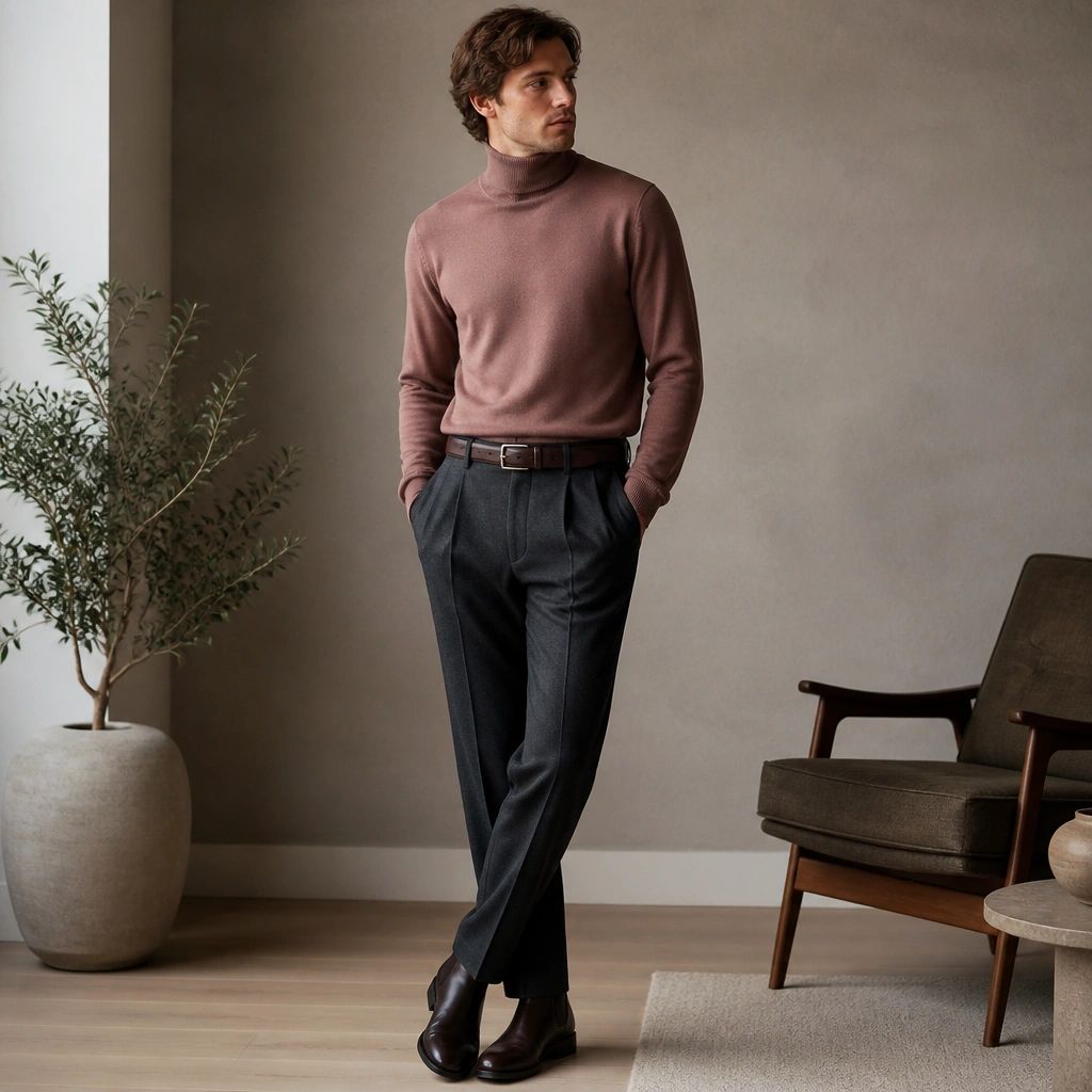 A dusty rose turtleneck sweater tucked into charcoal tailored trousers with a brown leather belt and dark brown Chelsea boots; soft indoor lighting.