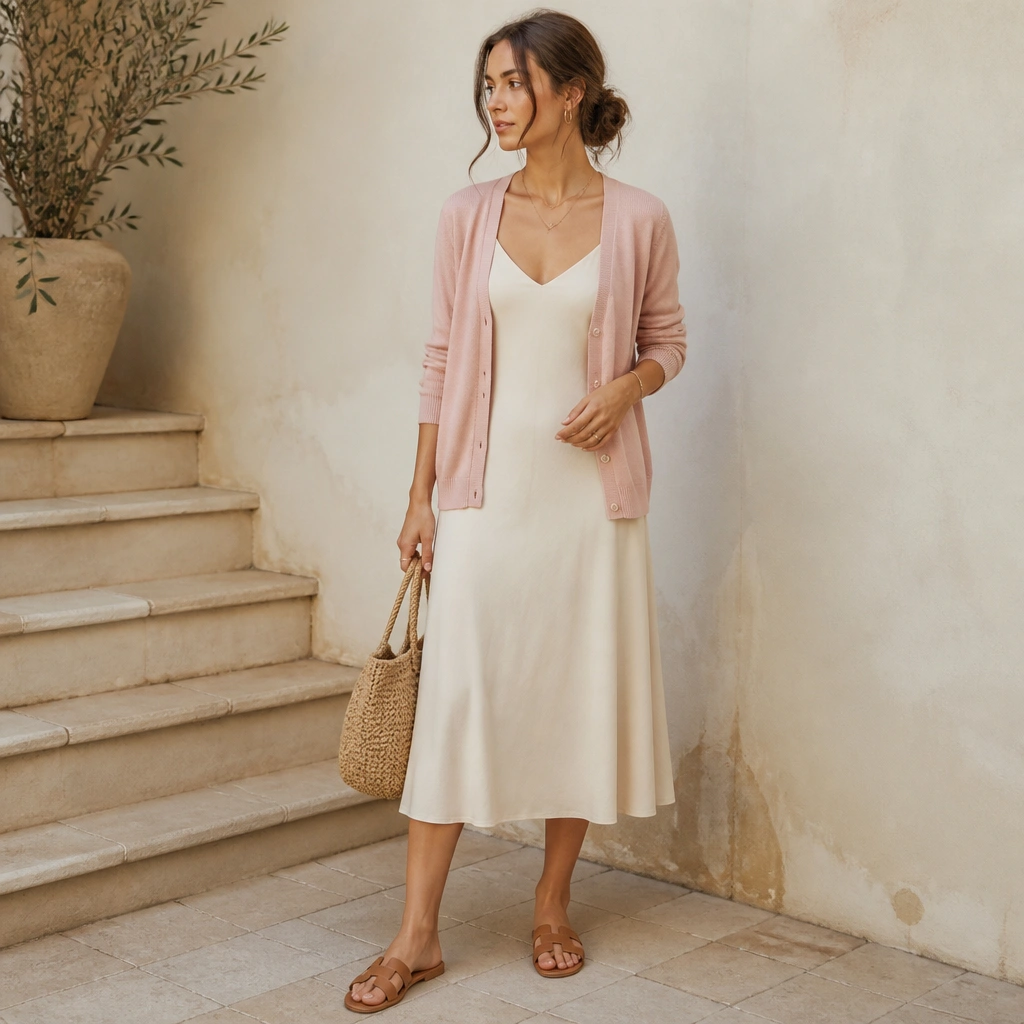 A soft pink cardigan draped over a cream midi dress; tan leather sandals and a woven bag; cardigan buttons left open.