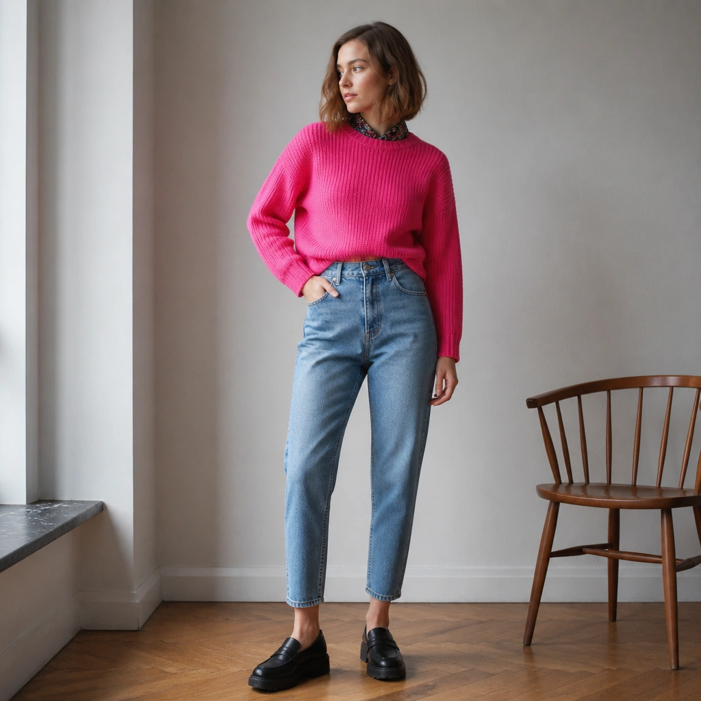 A hot pink cropped sweater tucked into high-rise mom jeans; black chunky loafers and a patterned scarf peeking at the neckline.