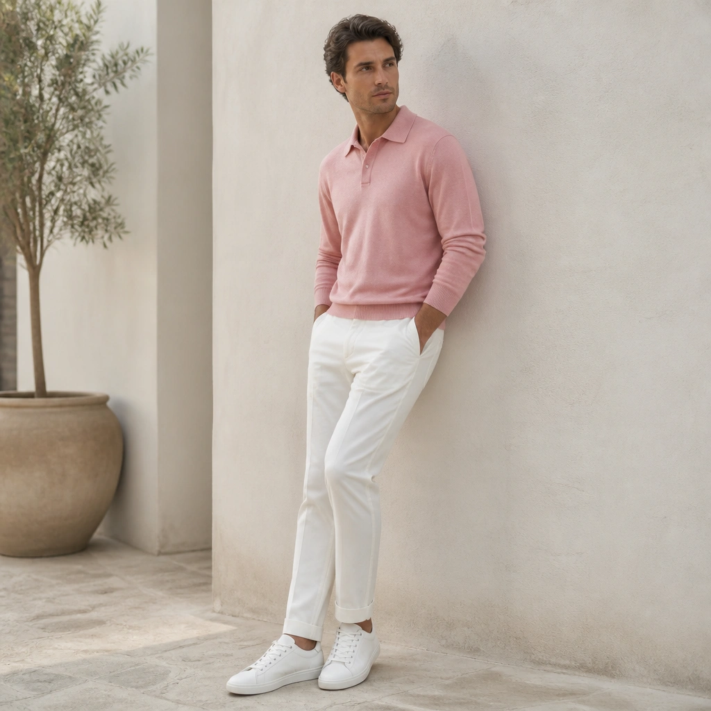 A pastel pink knit polo sweater worn with white tapered pants and low-profile white sneakers; collar neatly folded.