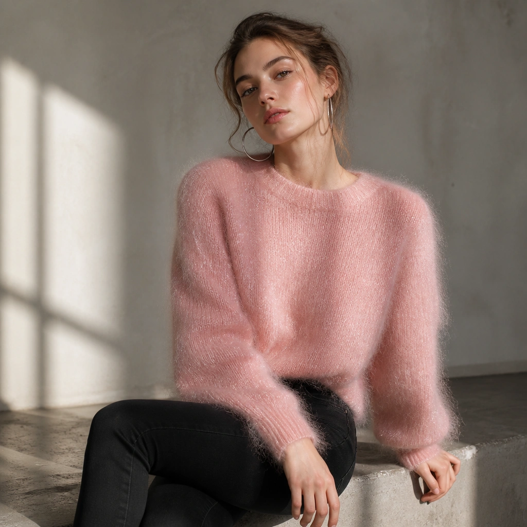 A fluffy pink mohair sweater with a slightly oversized shoulder line, black skinny jeans, and silver hoop earrings; soft sparkle texture visible.