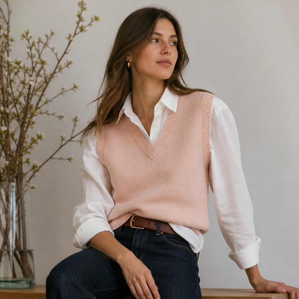 A blush pink sweater vest layered over a crisp white button-down shirt; dark wash straight jeans and a brown belt.