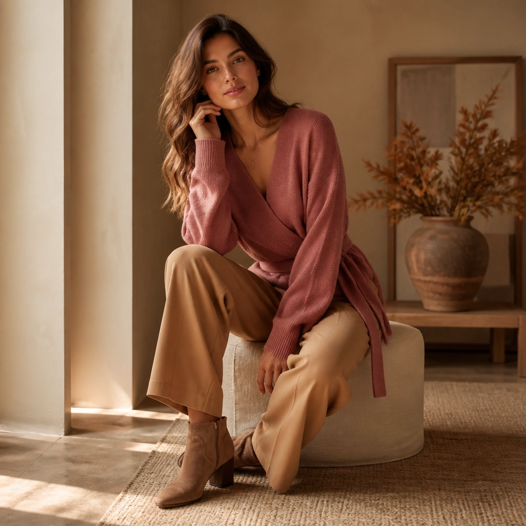 A dusky rose wrap-style sweater tied at the waist with camel trousers and suede ankle boots; warm-toned lighting.