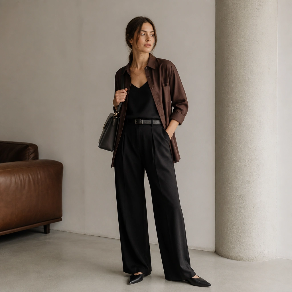 A chocolate brown button-up worn open over a black camisole, with black wide-leg trousers and pointed black flats; minimal layered necklace and a structured shoulder bag.