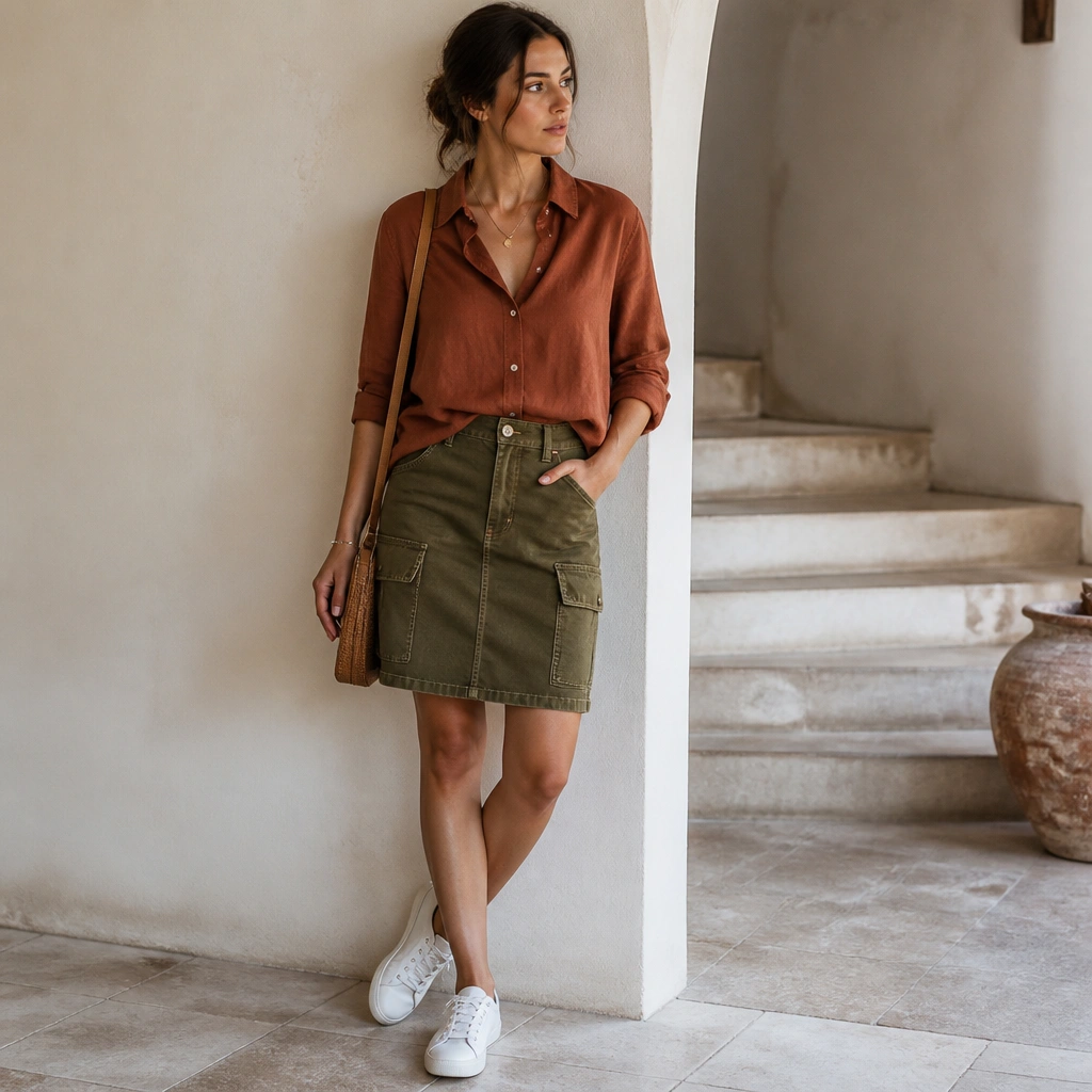 Rust-brown button-up worn half-tucked into an olive green utility skirt with pockets, paired with white low-top sneakers; a crossbody bag and small gold pendant necklace.