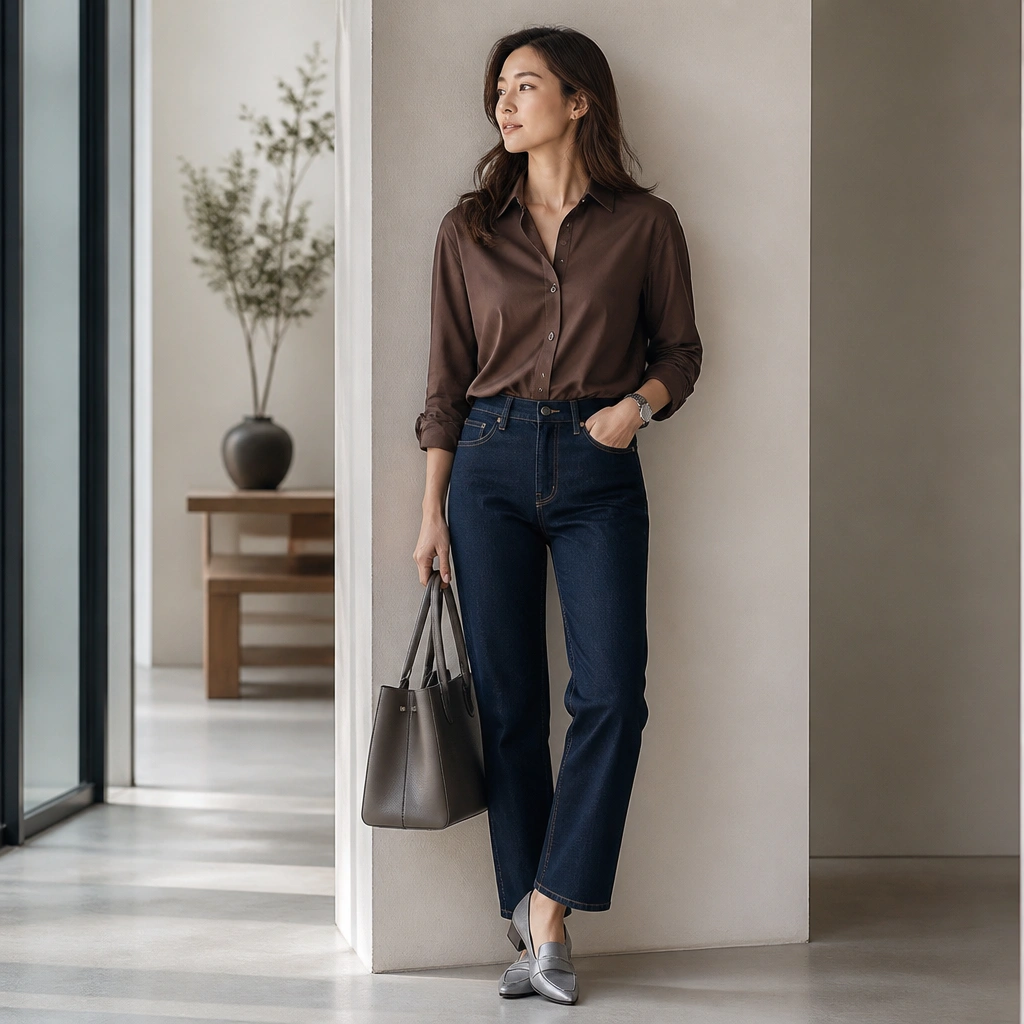 Mocha brown button-up tucked into navy straight-leg jeans, sleeves rolled once, paired with silver-gray loafers; silver watch and a structured tote.