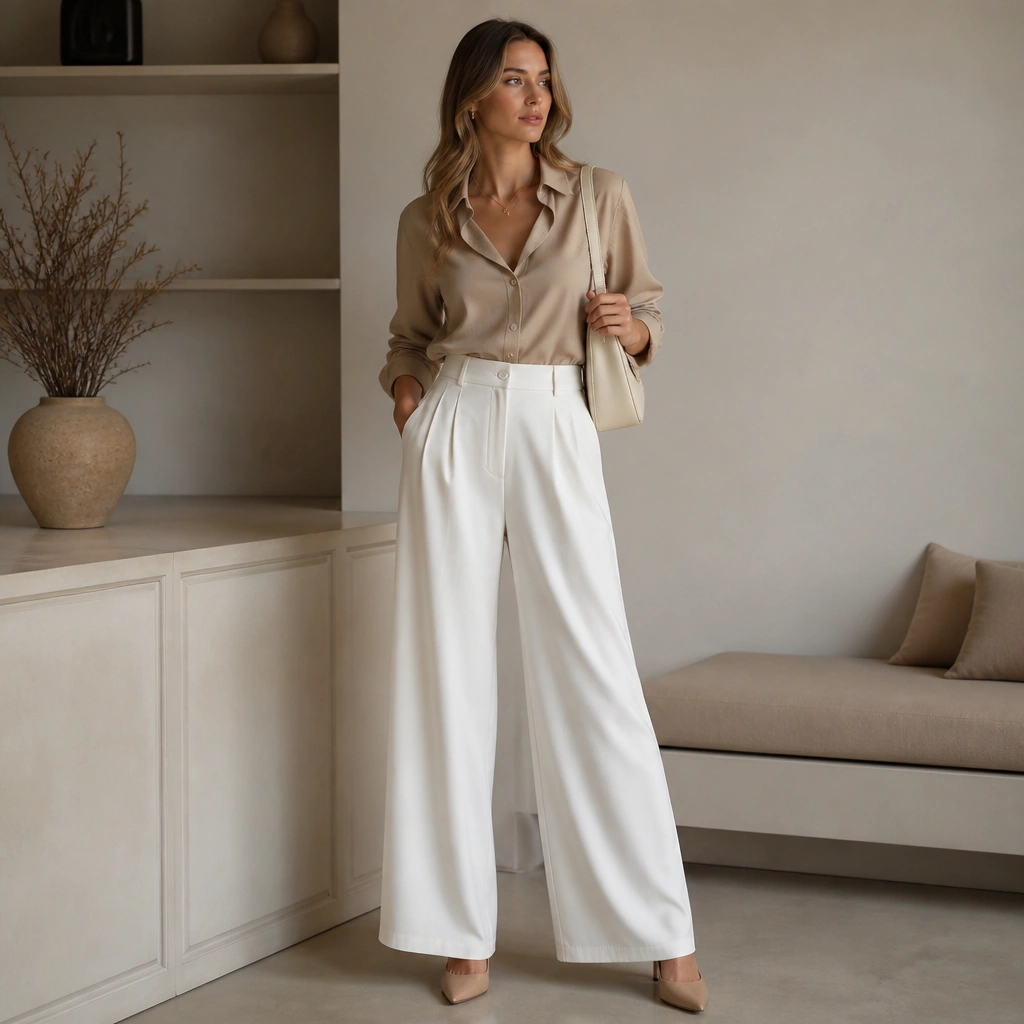 Light brown button-up tucked into white wide-leg trousers, with nude pointed heels and a delicate gold necklace; soft neutral makeup vibe and a cream shoulder bag.