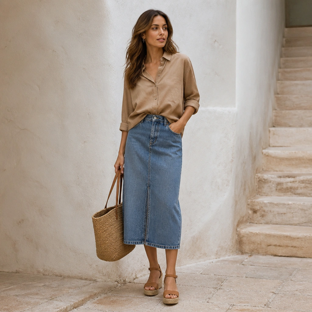 Tan brown button-up half-tucked into a medium-wash denim midi skirt, with tan wedge sandals; a straw tote and small hoop earrings.