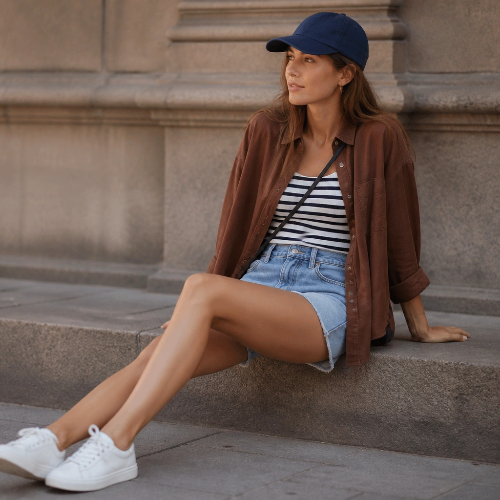 Brown button-up worn open over a navy-and-white striped top, paired with light denim shorts and white sneakers; a baseball cap and a thin crossbody strap.