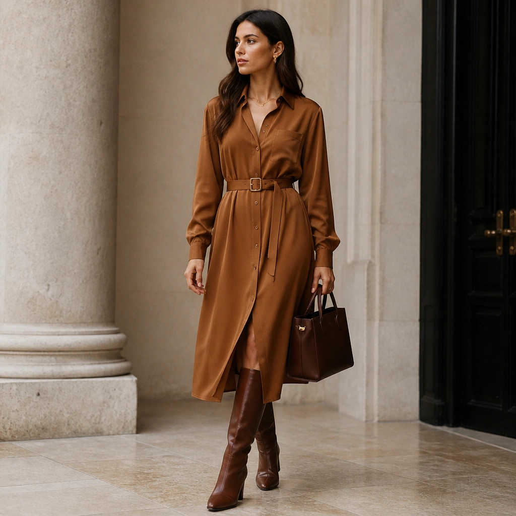 A caramel brown button-up shirt-dress cinched with a belt at the waist, paired with knee-high boots; minimal gold jewelry and a structured handbag.