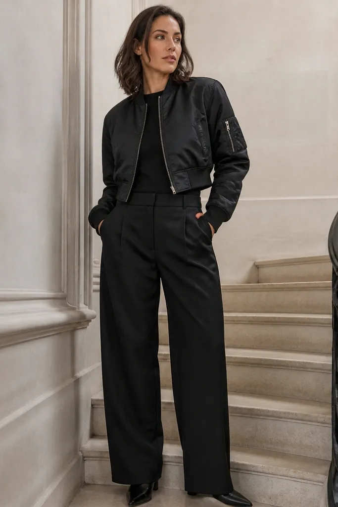 Cropped black bomber with wide-leg trousers and black loafers