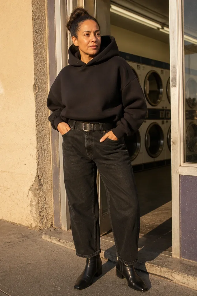 Black hoodie with ankle-cropped baggy jeans and a black belt
