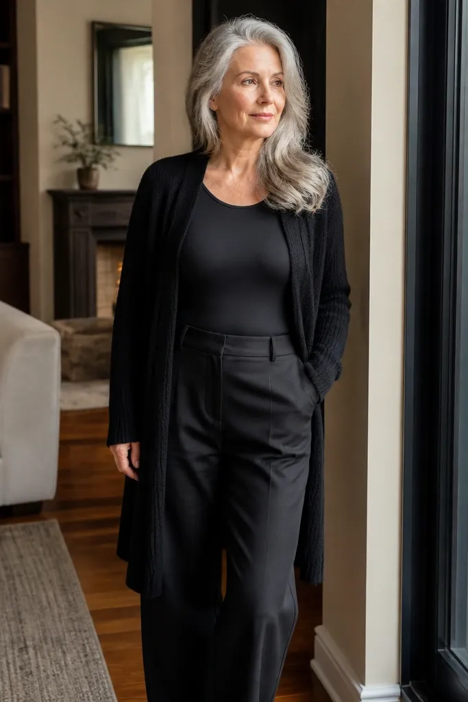 Long black cardigan over straight baggy pants with a fitted bodysuit