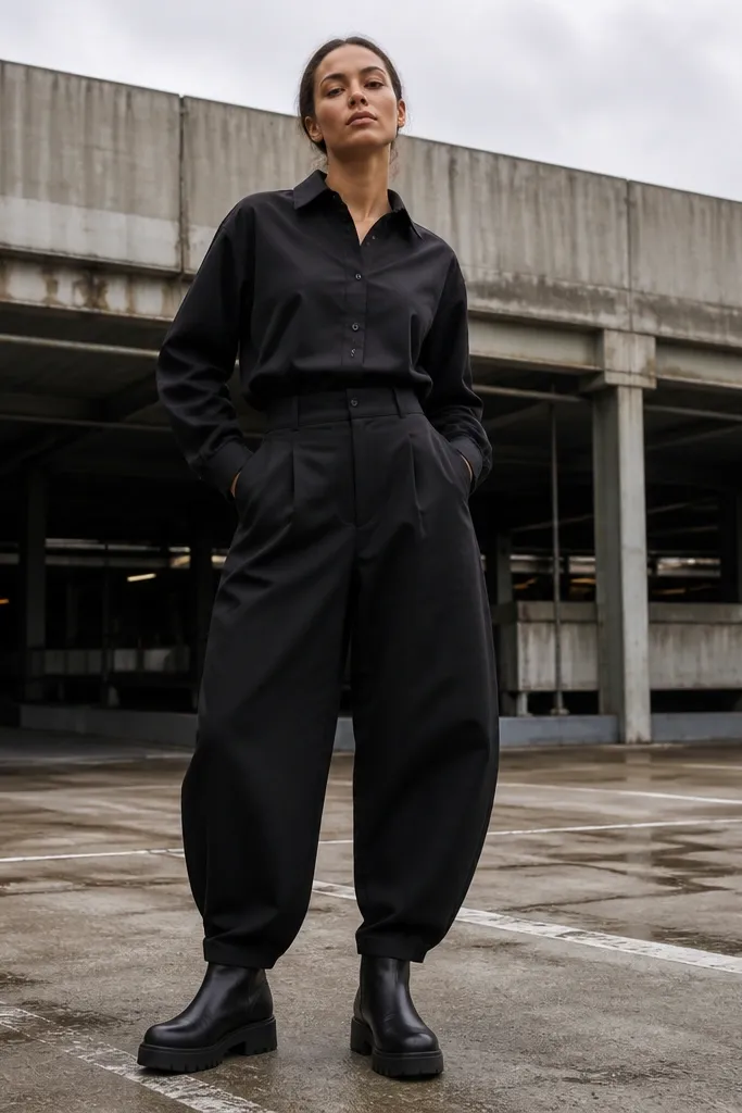 Boxy black shirt with barrel-leg trousers and chunky black boots