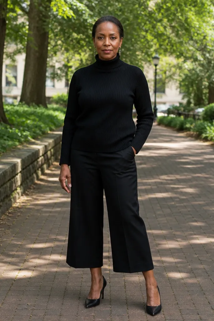 Black turtleneck knit with cropped wide-leg pants and black sneakers
