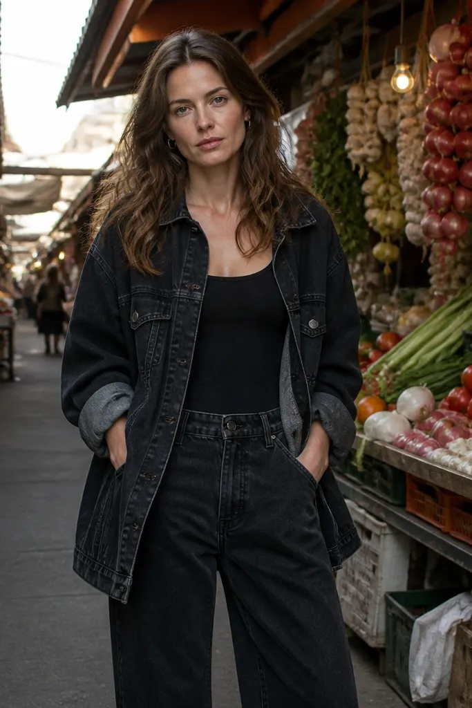 Black tank under an oversized denim jacket with straight baggy jeans