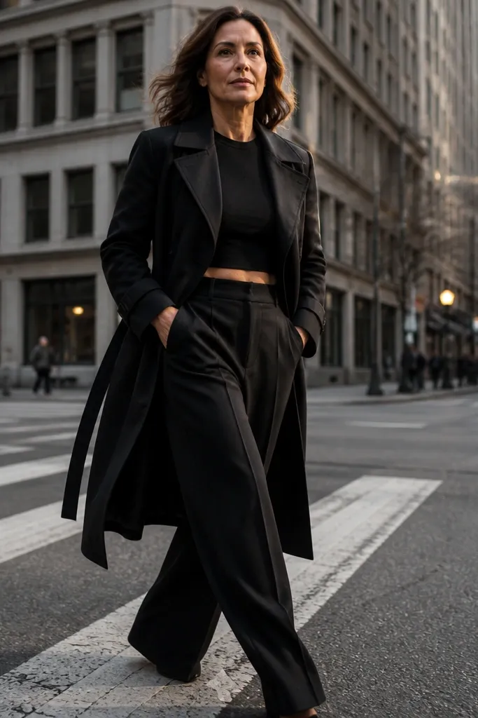 Black trench coat over cropped tee with wide-leg trousers and boots