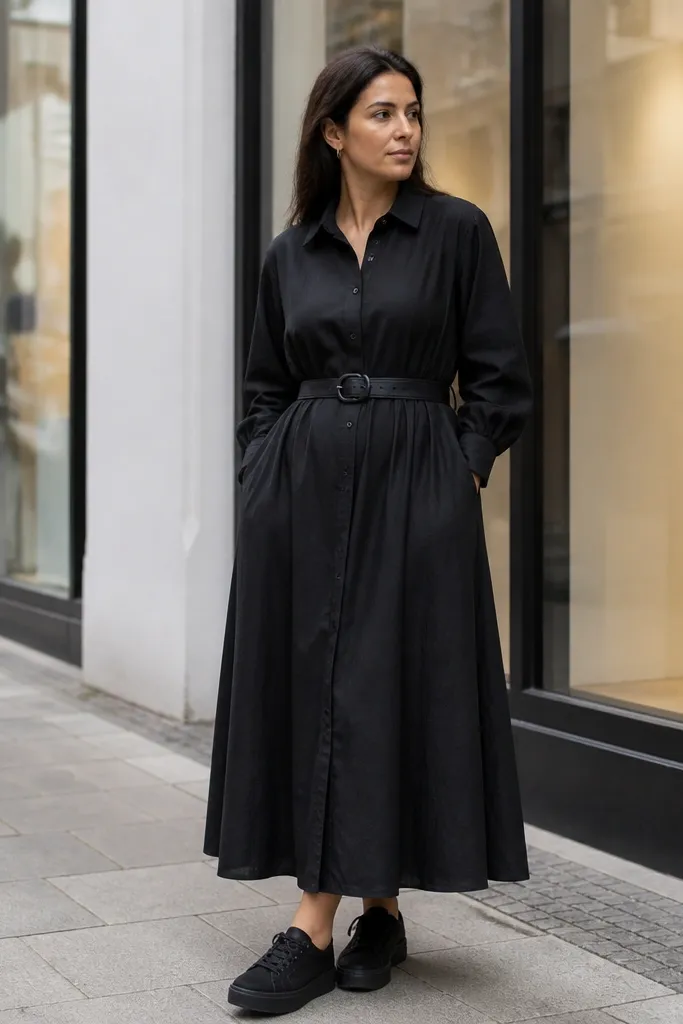 Black oversized shirt dress cinched with a belt and platform sneakers