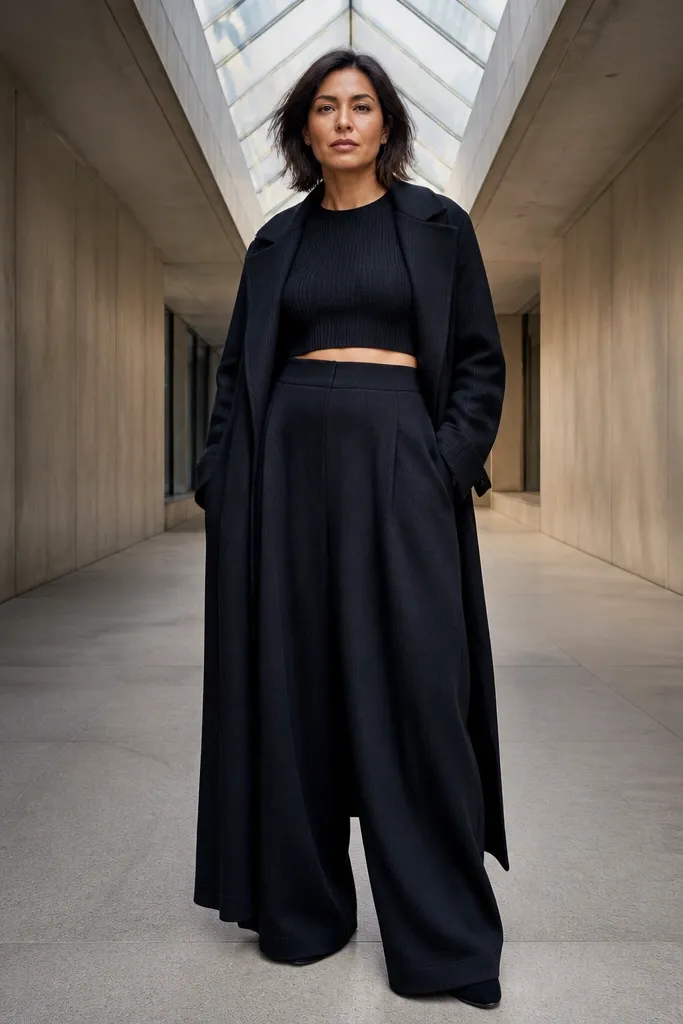 Ribbed black crop top with ultra-wide trousers and a long open coat