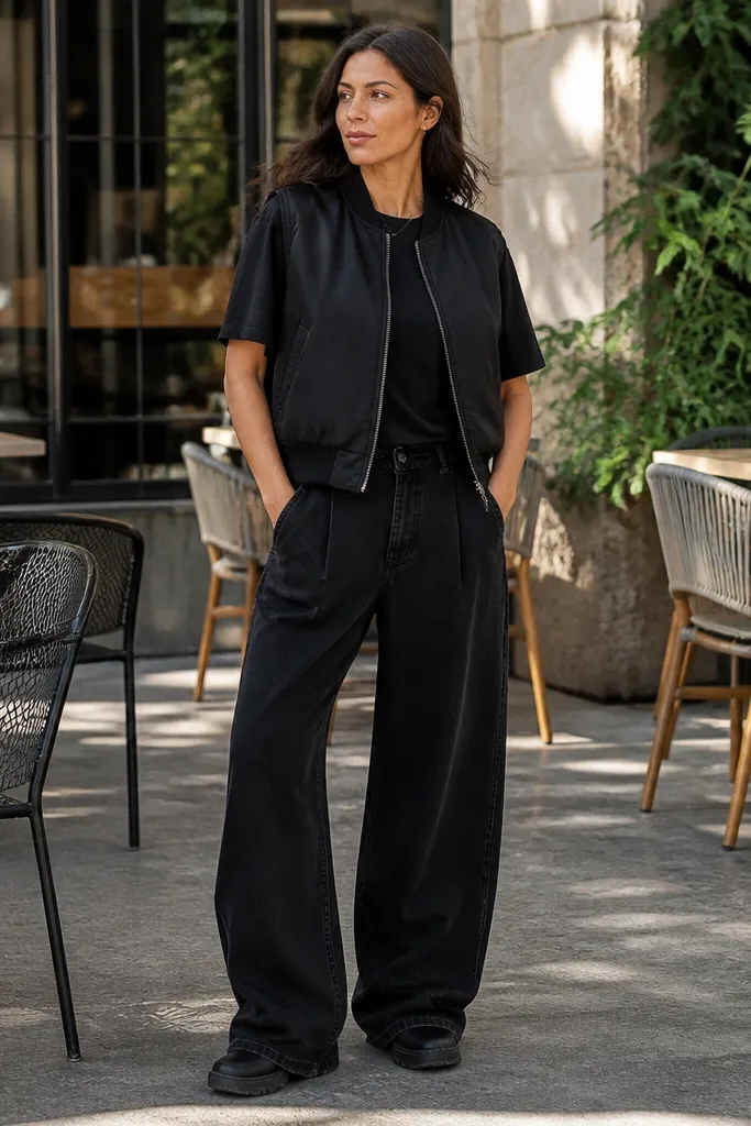 Black bomber vest over a tee with slouchy wide-leg jeans