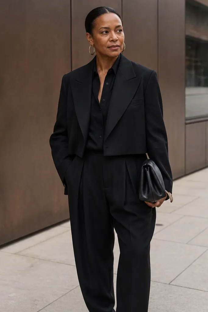 Oversized black blazer with baggy trousers and black loafers