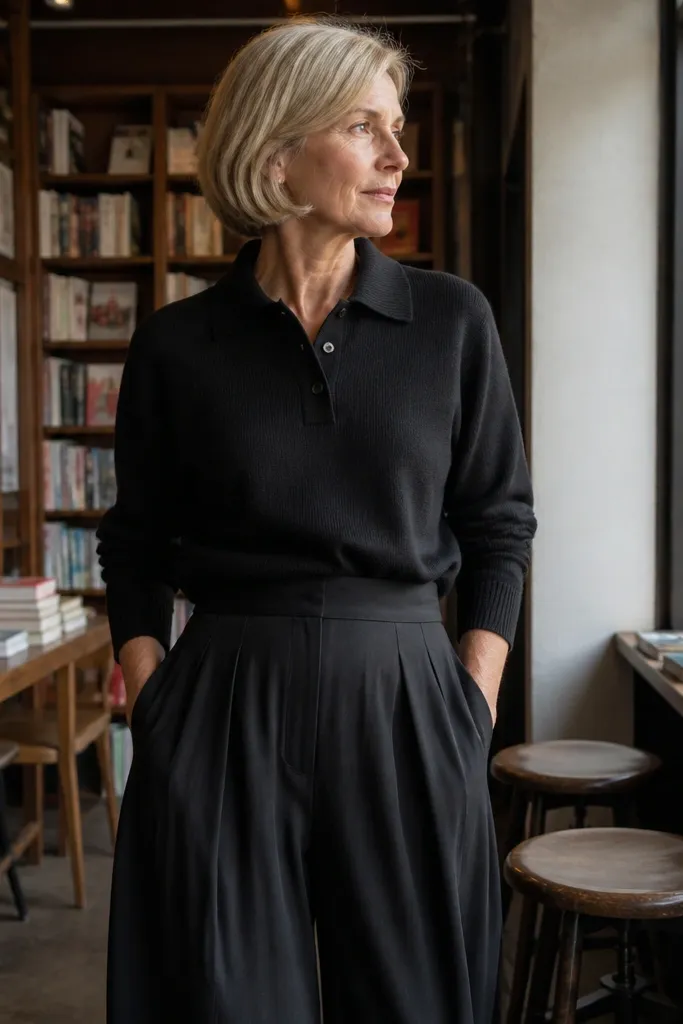 Black knit polo with pleated baggy pants and black leather loafers