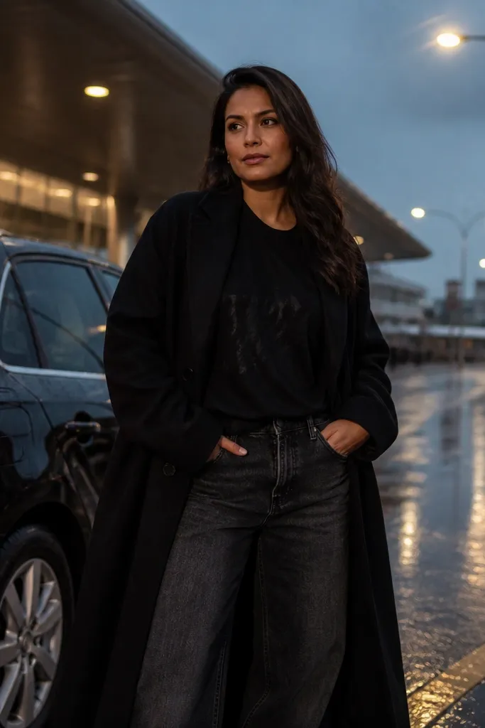 Black graphic tee under a long oversized coat with wide-leg black jeans