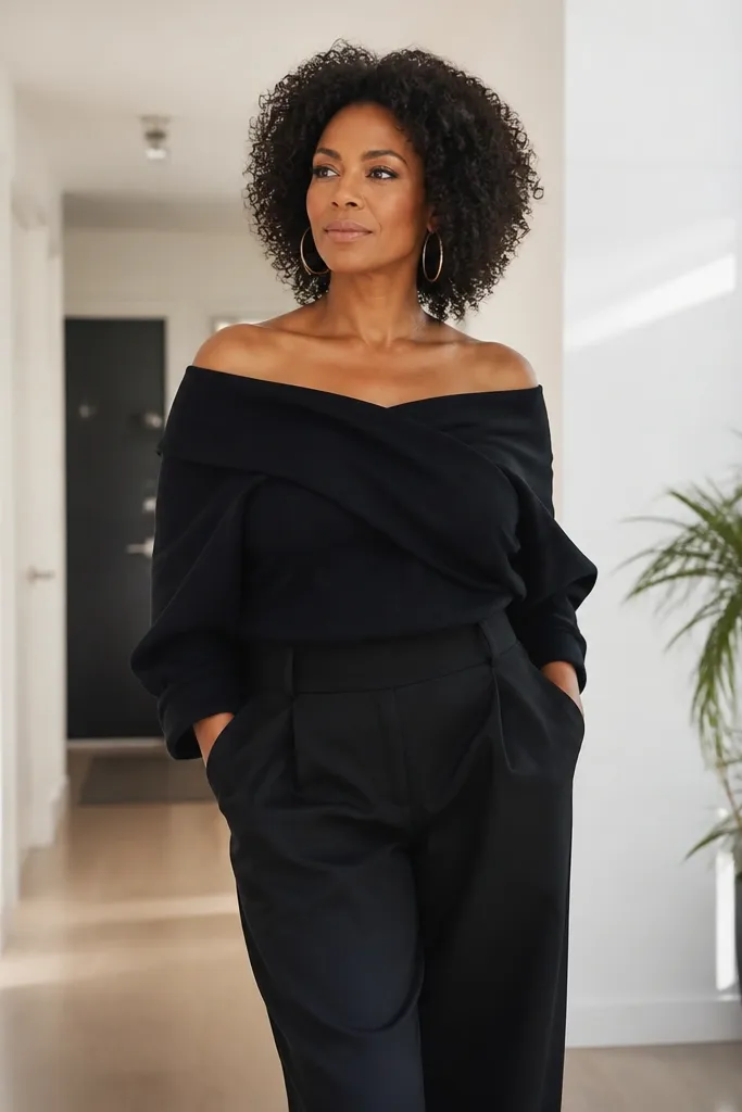 Black off-shoulder baggy top with wide trousers and black heels