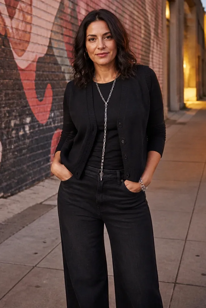 Black cardigan vest over a tee with wide-leg jeans and a long chain
