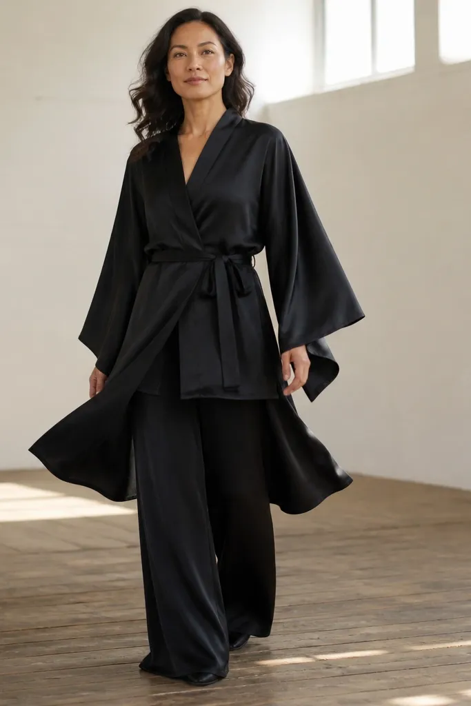 Black kimono jacket with wide-leg pants and black slides