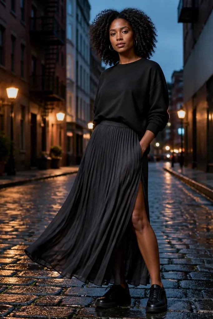 Black sweatshirt with a pleated black maxi skirt and slit