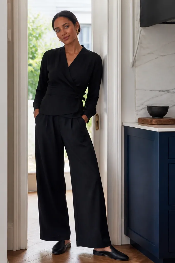 Black wrap long sleeve top with baggy trousers and black mules
