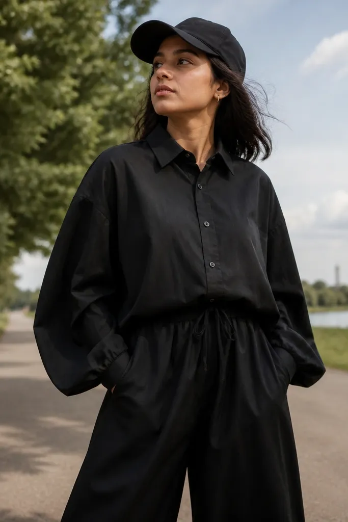 Black oversized shirt with drawstring wide-leg pants and a black cap