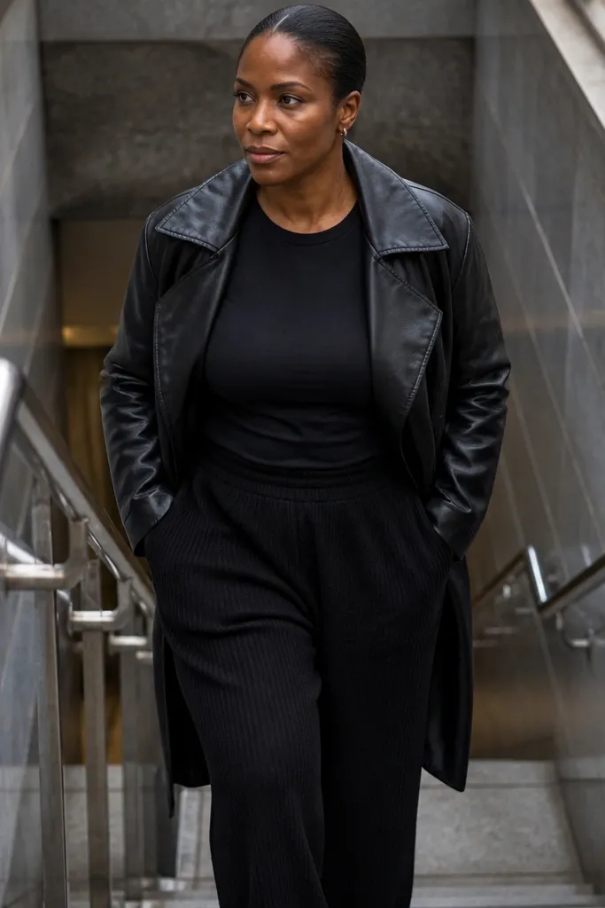 Black leather jacket over a fitted tee with baggy knit pants