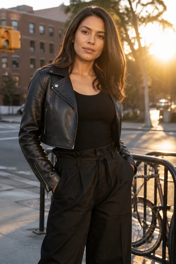 Ribbed black tank with cropped moto jacket and baggy paper-bag waist trousers