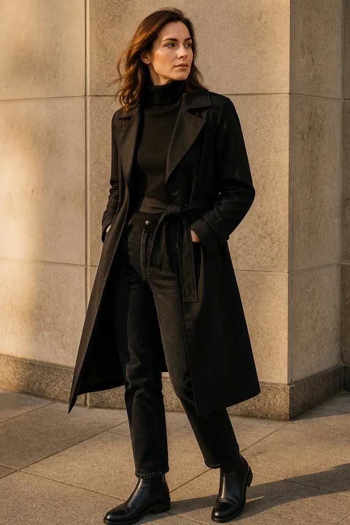 Black ribbed turtleneck with straight black denim and a belted trench coat