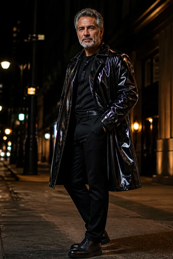 Glossy black trench over a black satin tee with tapered black trousers