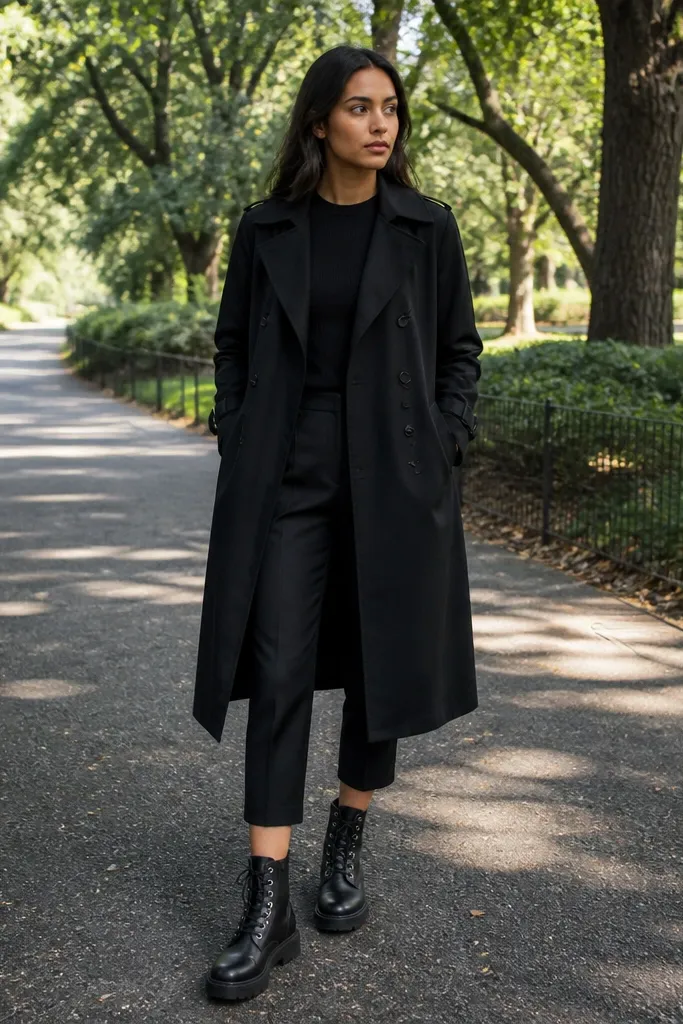 Long black trench over cropped black trousers with black high-top boots