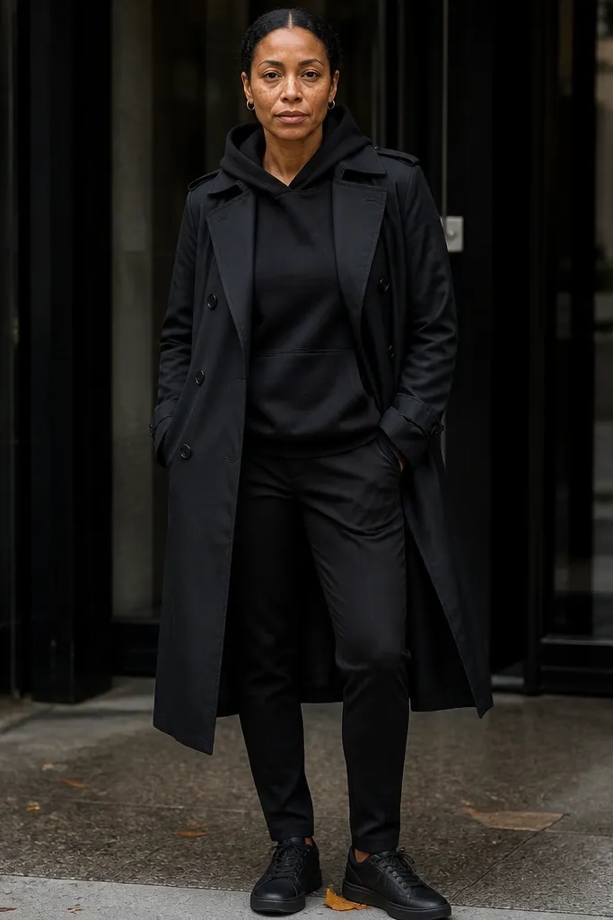 Black hoodie under a black trench coat with black tapered pants