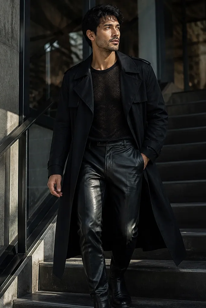Black mesh long-sleeve under a black trench with slim black leather pants