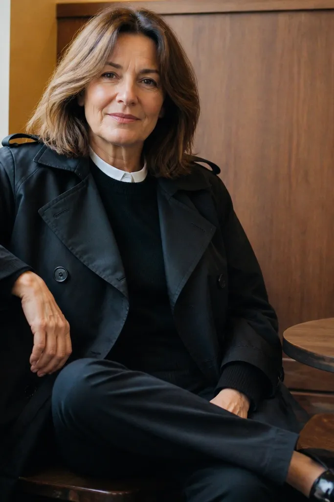 Black trench over a black knit sweater with a visible white crewneck