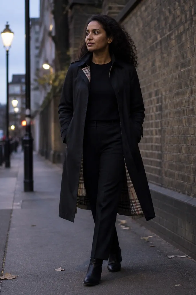 Black trench coat with visible inner plaid at the collar over black outfit