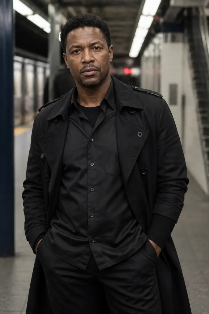 Black trench over a black short-sleeve shirt with visible long-sleeve cuffs
