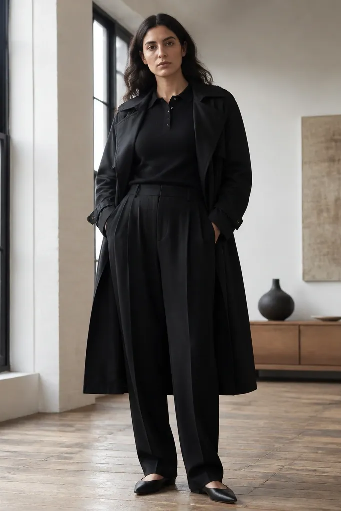 Black trench over a black knit polo with black pleated trousers