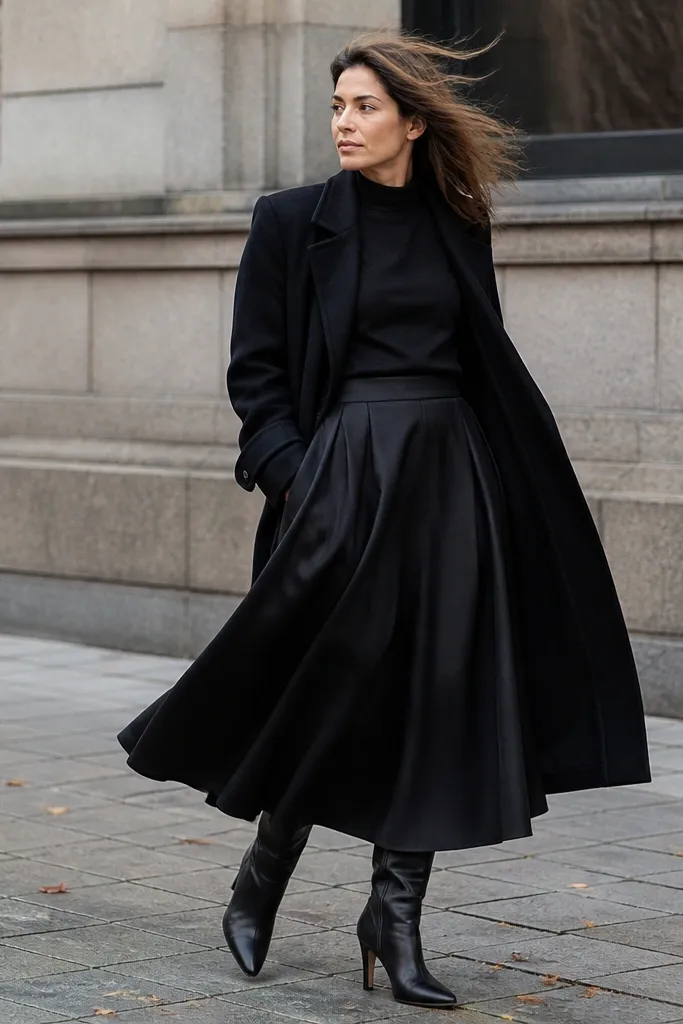 Black trench over a black midi skirt with tall black boots