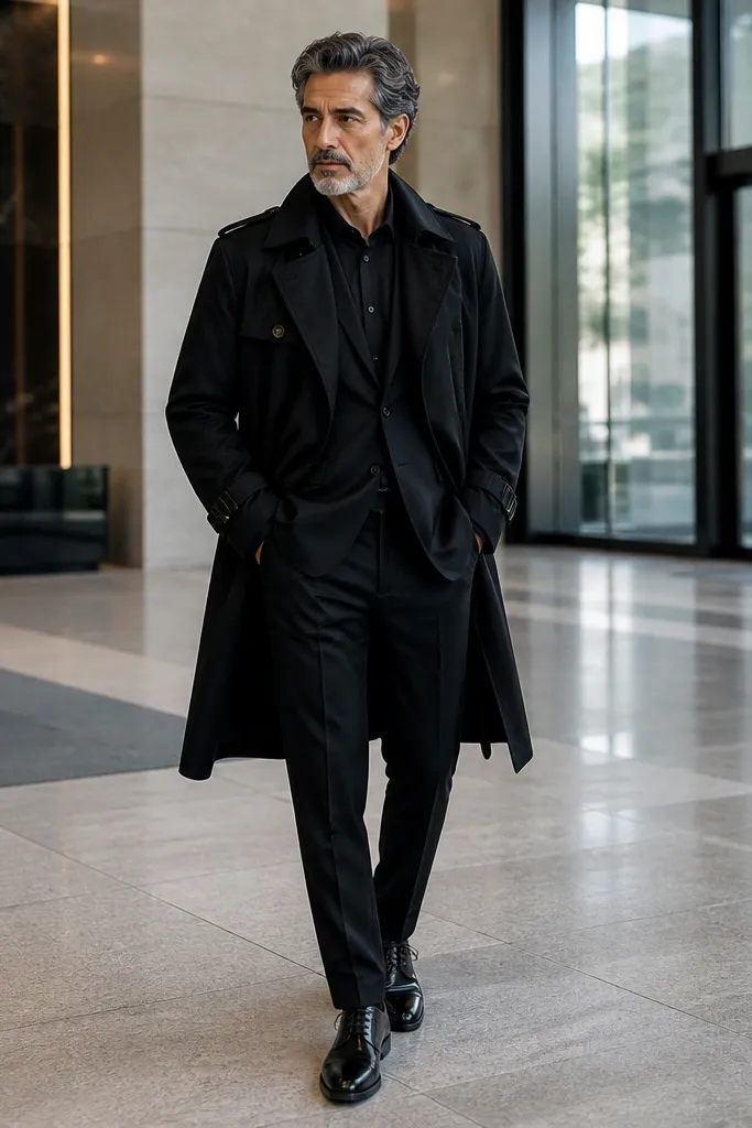 Black trench over a black suit jacket and black trousers with no tie