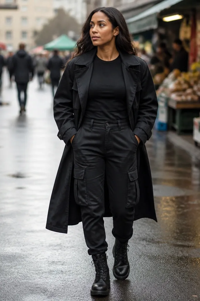 Black trench over black cargo pants with black combat boots