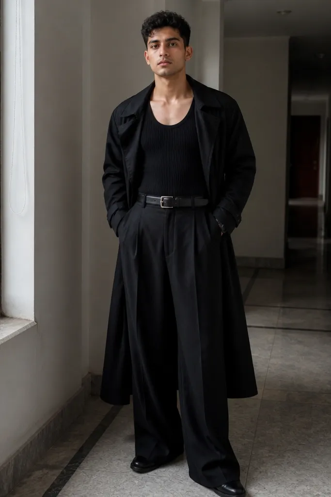 Black trench over a black ribbed tank with wide-leg black trousers