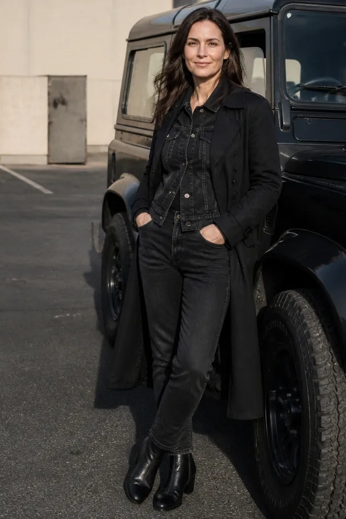 Black trench over a black denim jacket with black jeans